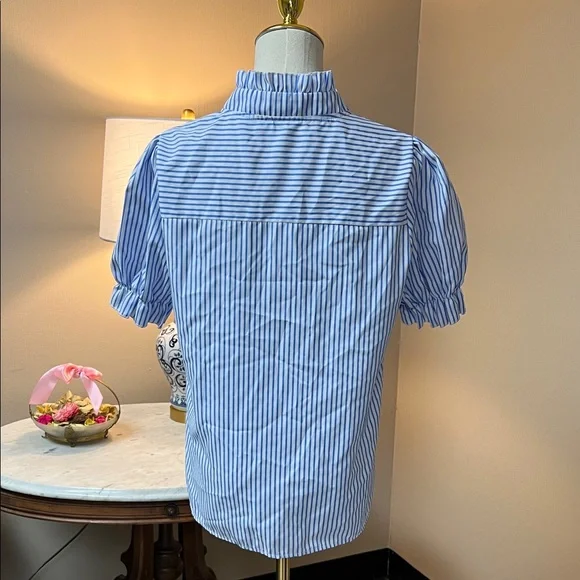 SHEIN Blue and White Striped Ruffle Button-Up Puff Sleeve Top - Picture 2 of 3